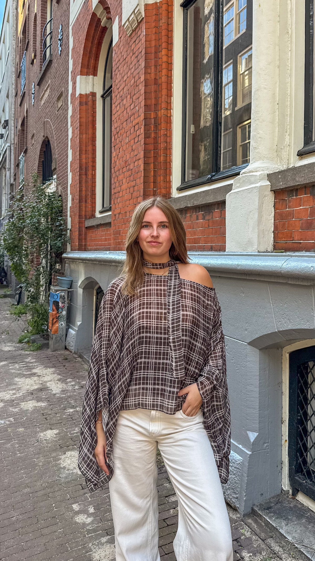 One shoulder checkered scarf top louise - Brown