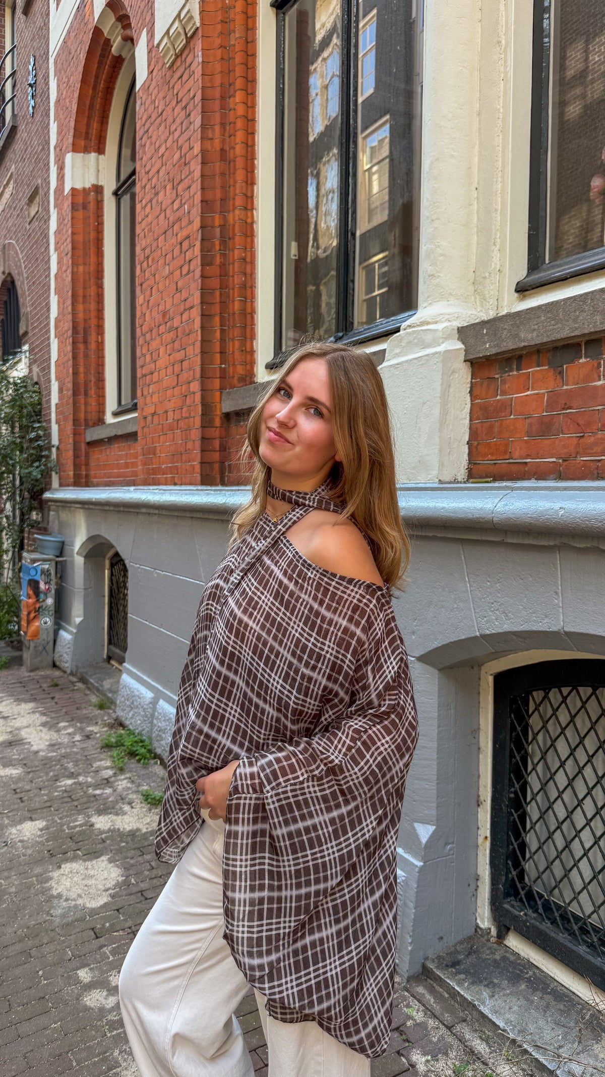 One shoulder checkered scarf top louise - Brown