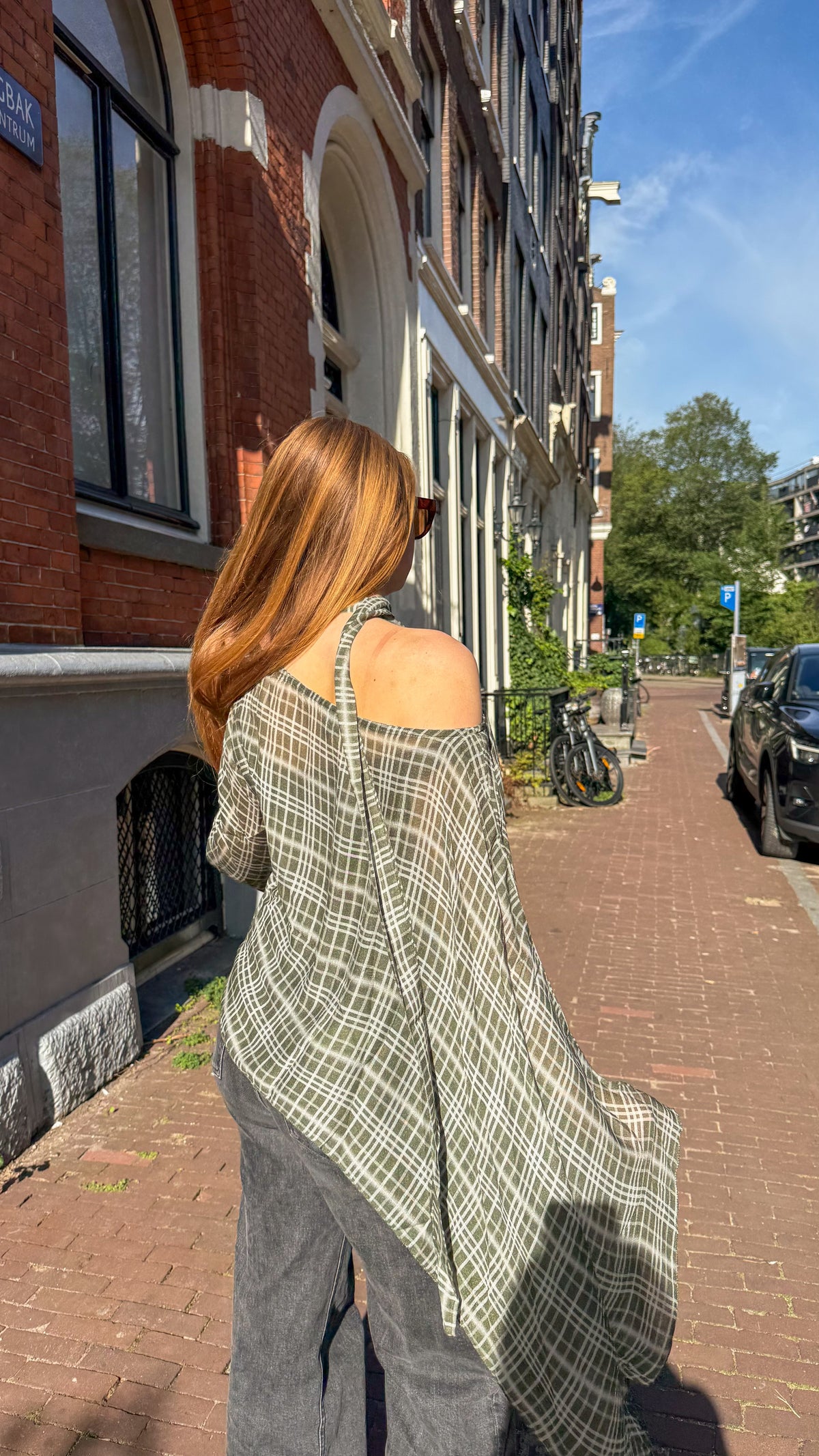 One shoulder checkered scarf top louise - Olive