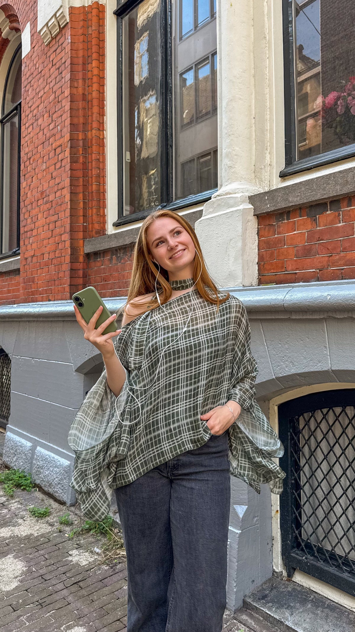 One shoulder checkered scarf top louise - Olive