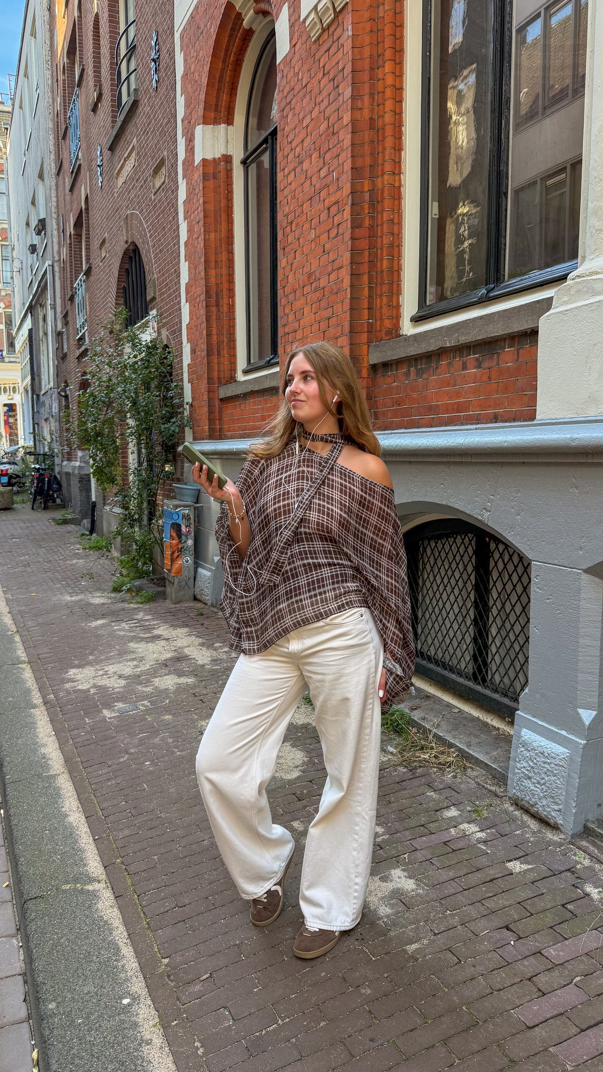 One shoulder checkered scarf top louise - Brown