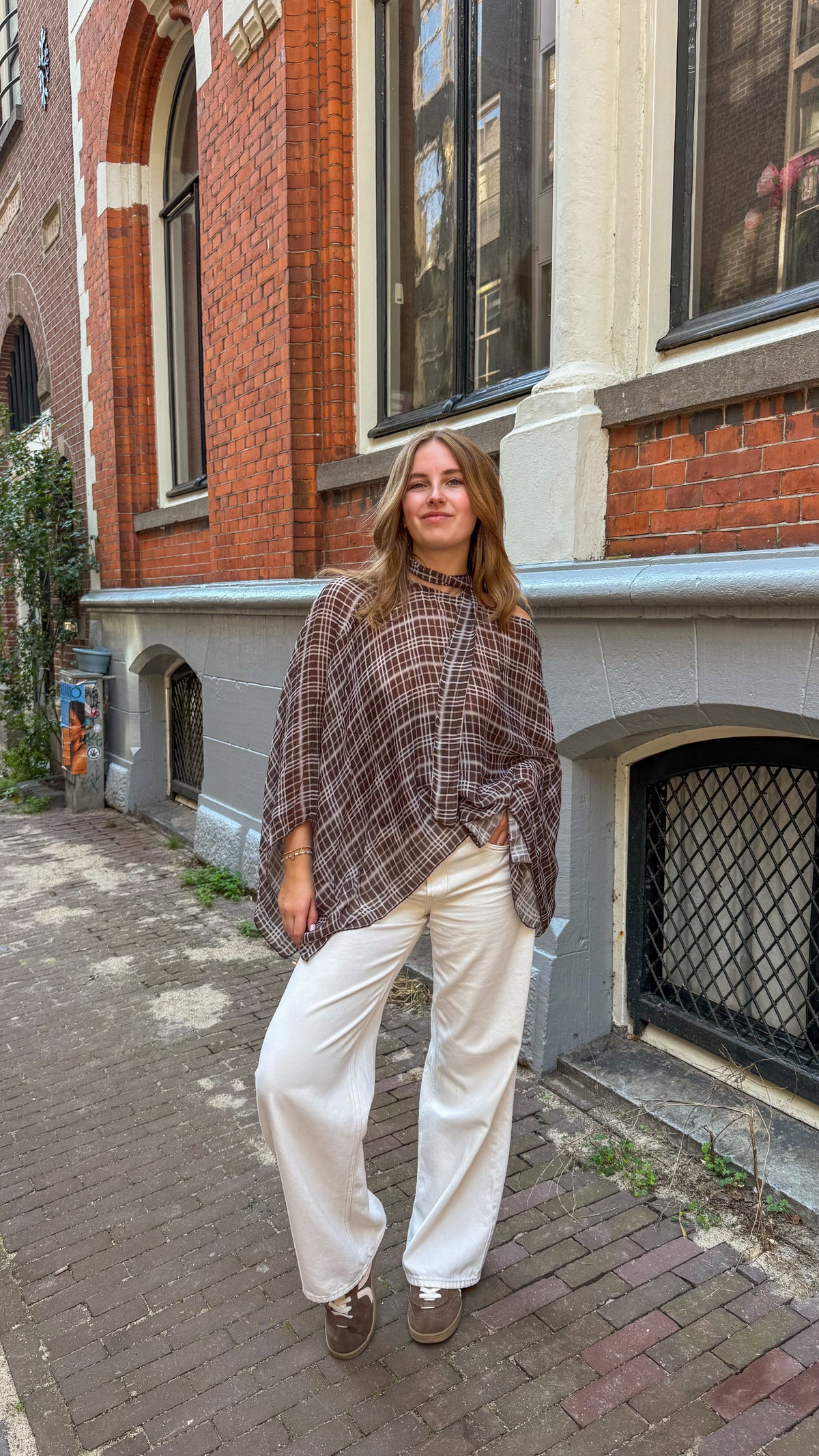 One shoulder checkered scarf top louise - Brown
