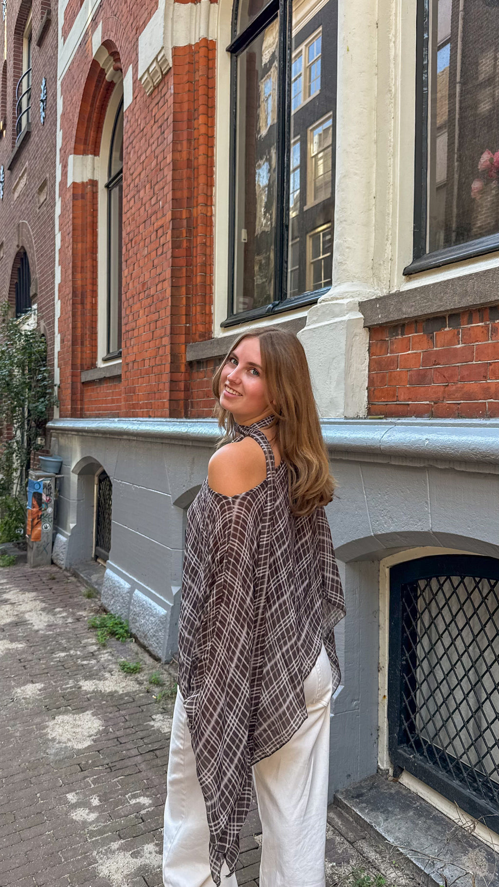 One shoulder checkered scarf top louise - Brown